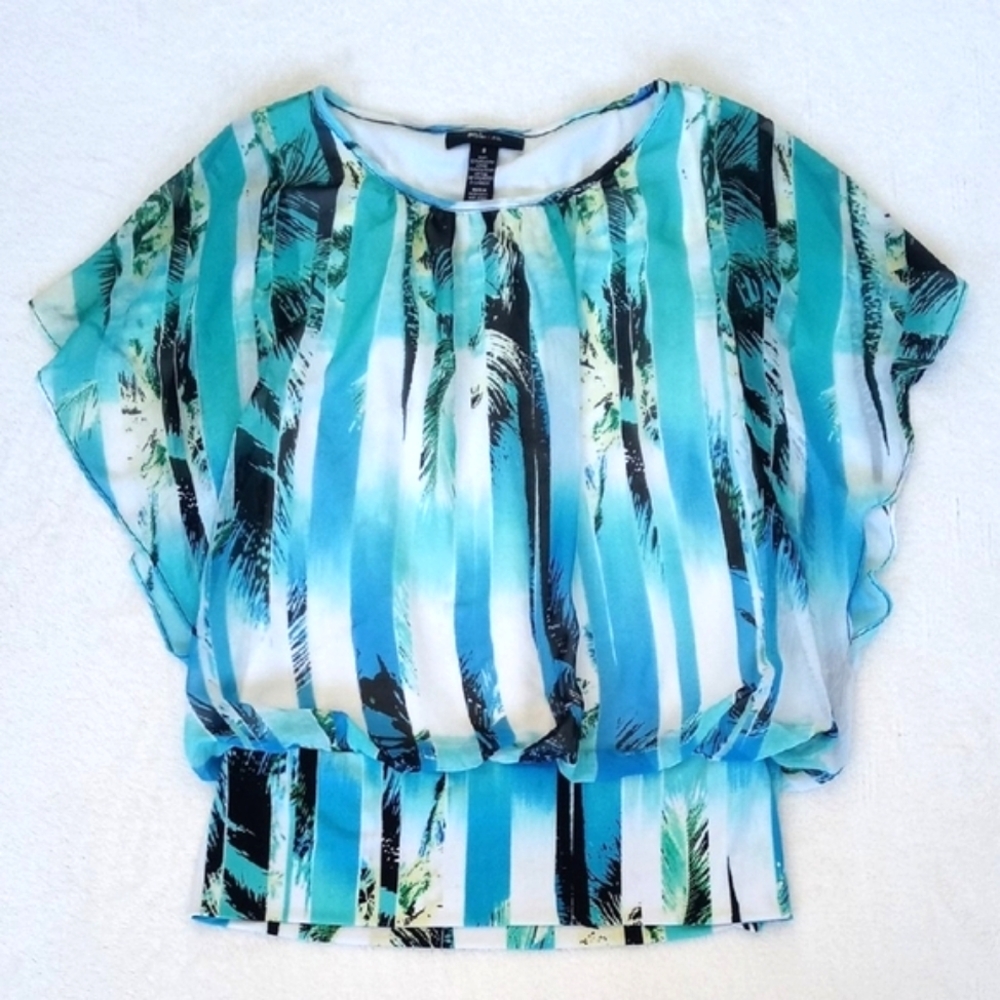 Style & Co. Women's Blue and Green Floral Stripe Open Arm Batwing Blouse S